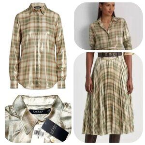 NWT RL Plaid Pleated Metallic Georgette Shirt S